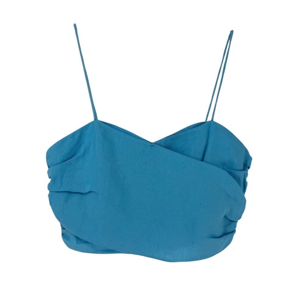 Zara Crop Top XS Linen Blend Blue Smocked Spaghetti Strap Ruched Sweetheart Neck
